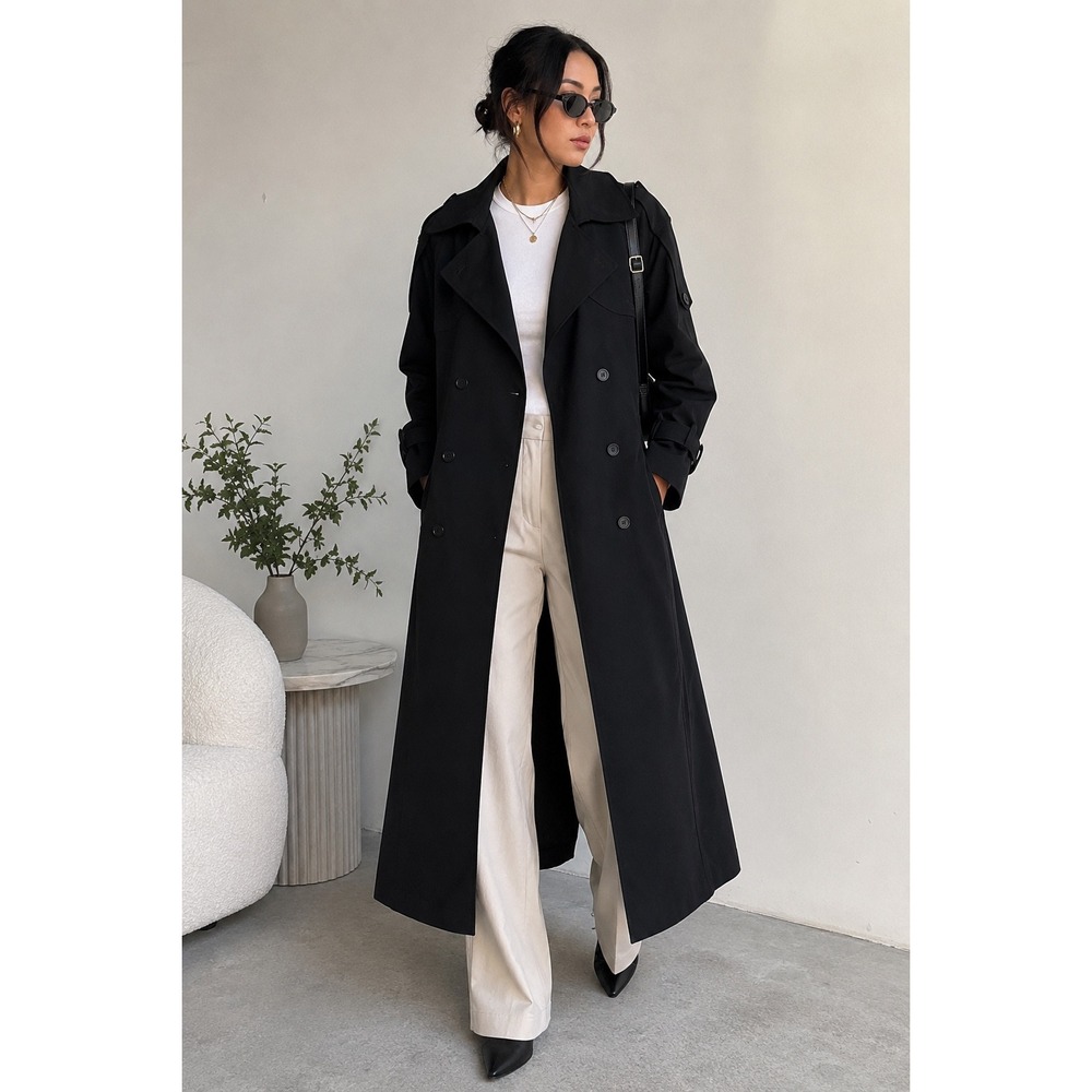 Oak + Fort Oversized Trench Coat XS Black Double Breasted Belted Long Minimalist